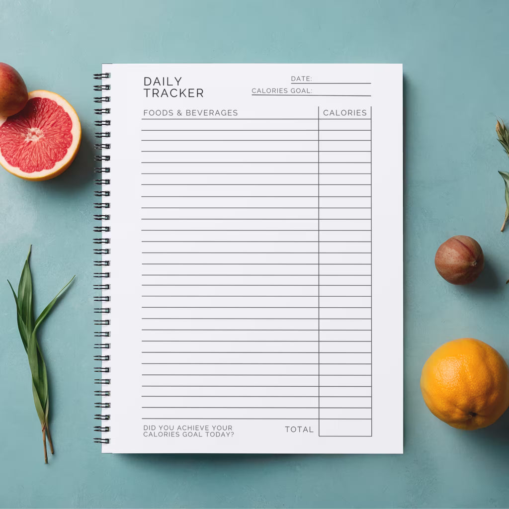 Daily diet journal for foods and beverages from the 90 Day Calorie Tracker