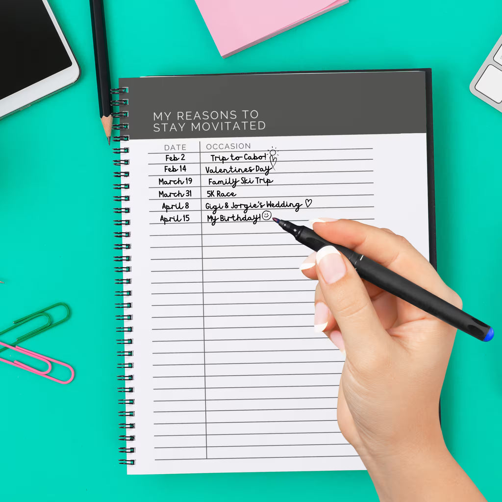 My Reasons to Stay Motivated page with examples like Attending a Wedding and My Birthday from the TRACK Journal 90 Day Calories Tracker