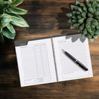 Open notebook showing blank recipe pages in the TRACK Journals 90 Day Calories Tracker.