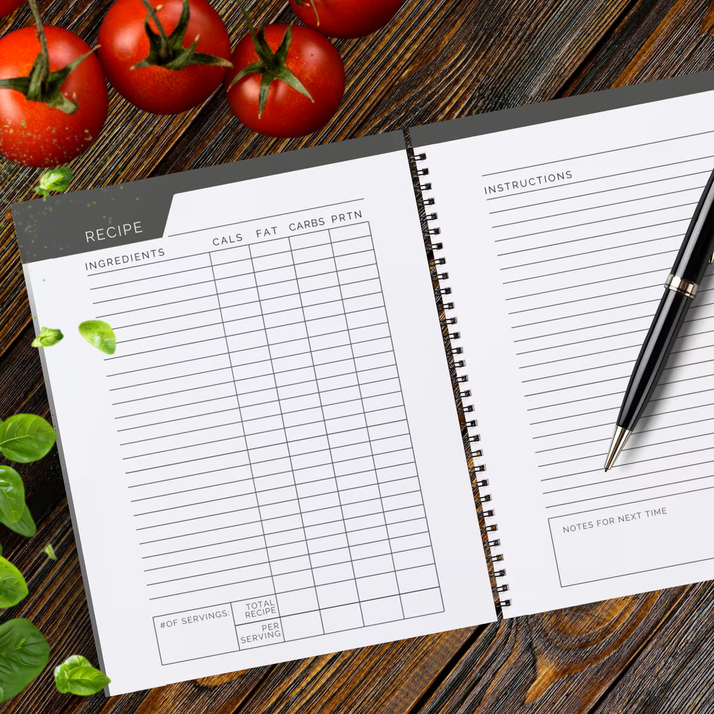 Blank recipe pages in the TRACK Journals Macro Nutrients Tracker for calories fat carbs and protein