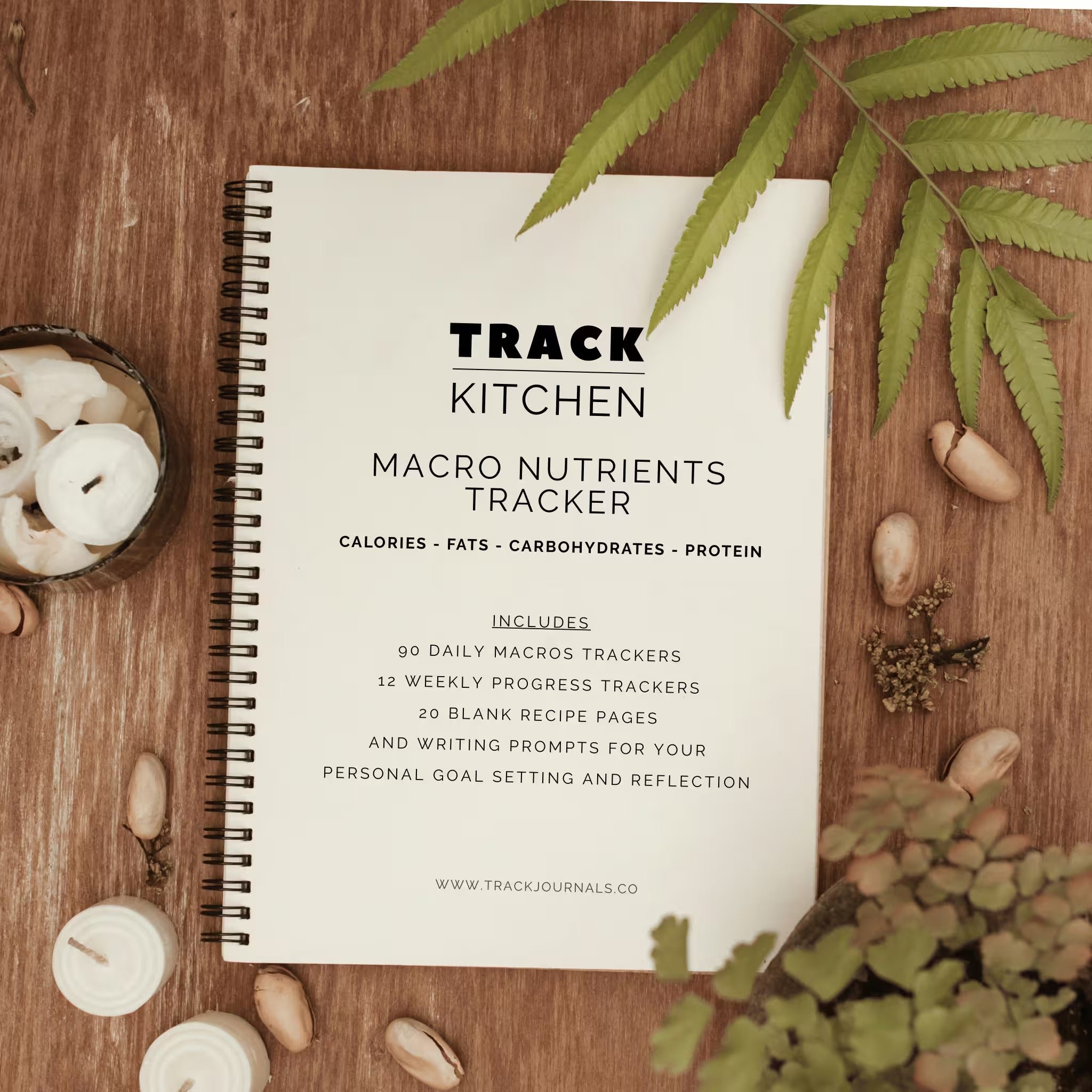Table of Contents for 90 Day Macro Nutrients Tracker diet journal for calories fats carbohydrates and protein. Includes 90 Daily Macro Trackers, 12 Weekly Progress Trackers, 20 Blank Recipe Pages, and writing prompts for personal goal setting and Reflection.